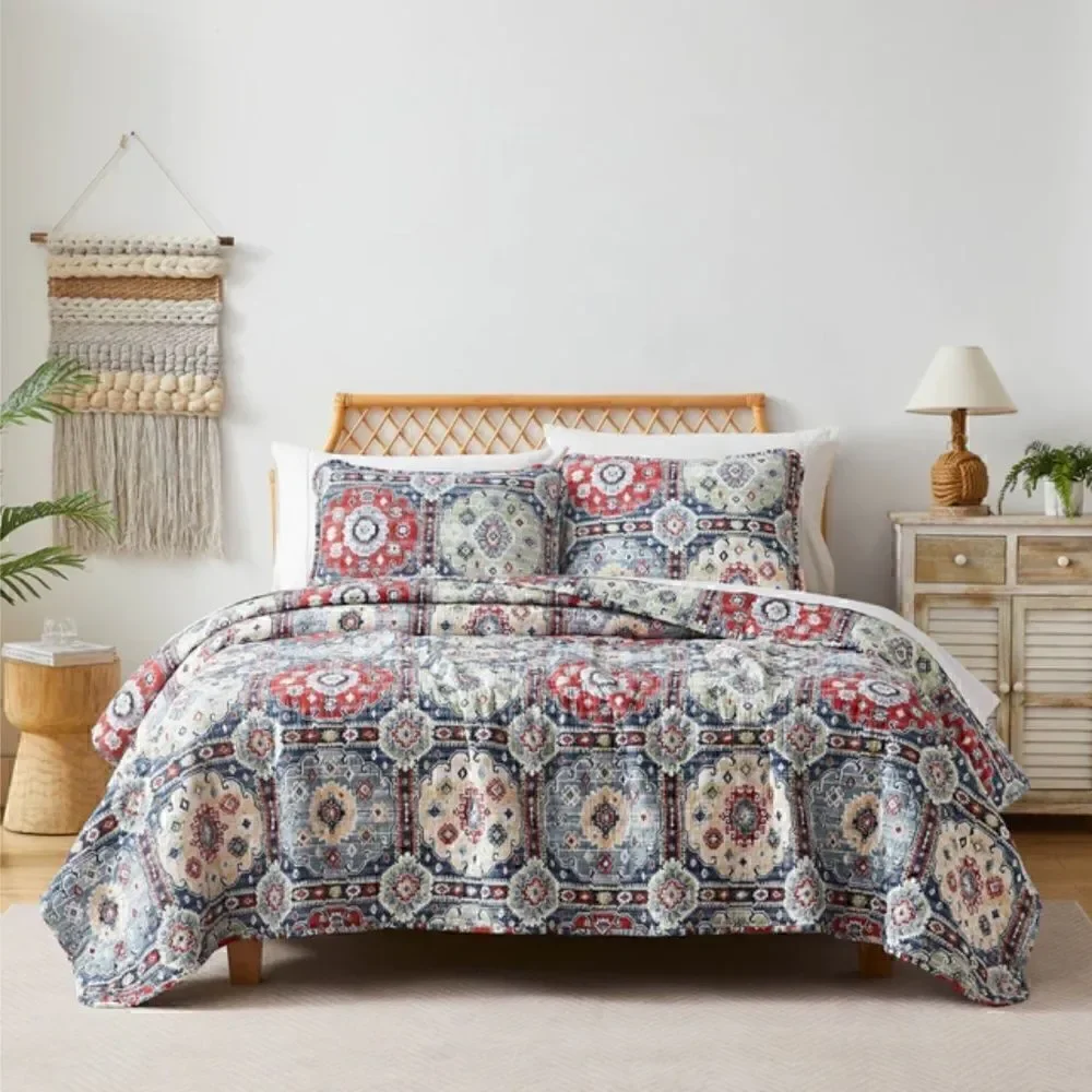 Boho Batik Style Bohemian Print Muted Block Oversized Queen Quilt Set